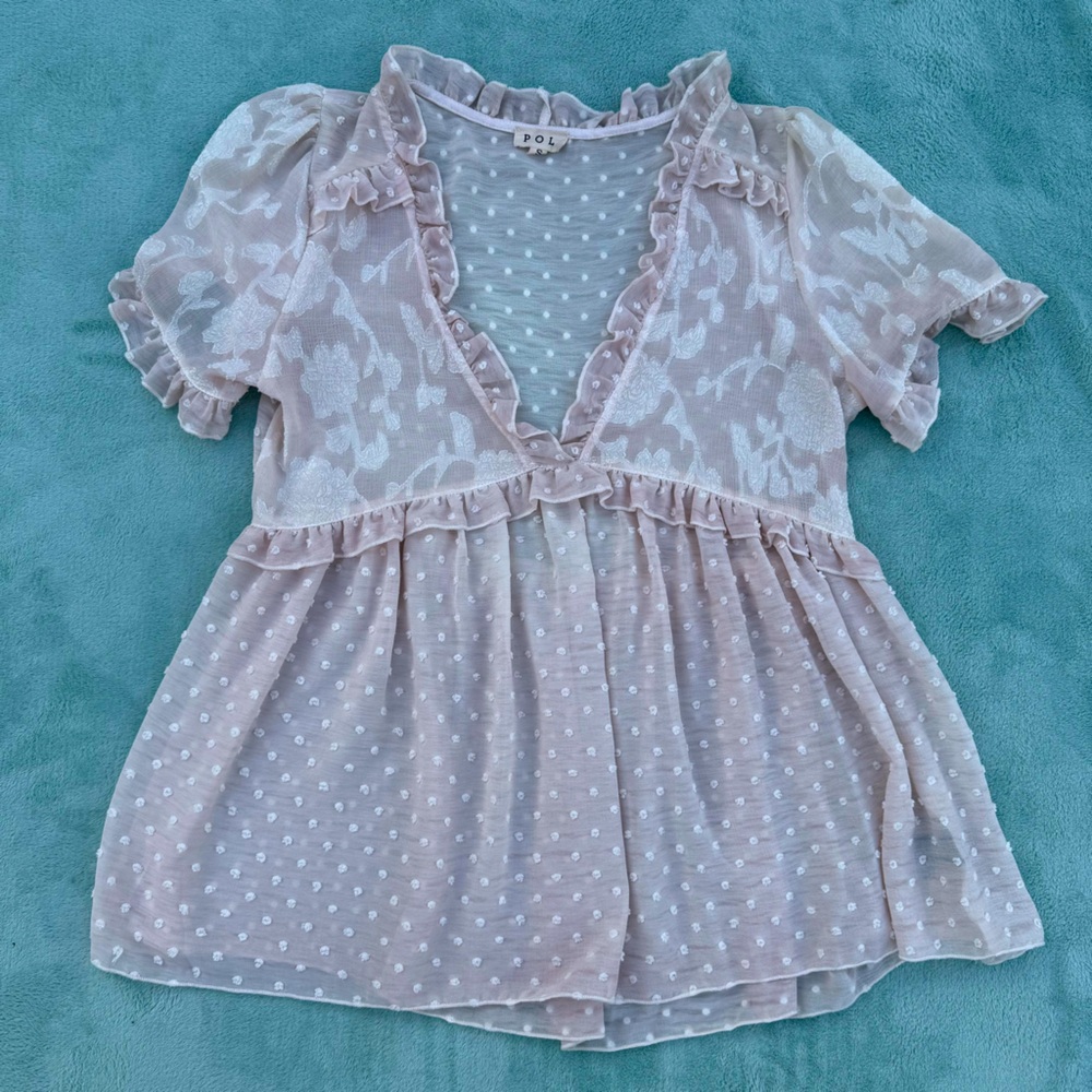 POL sheer floral and polka dot frill short sleeve V-neck blouse